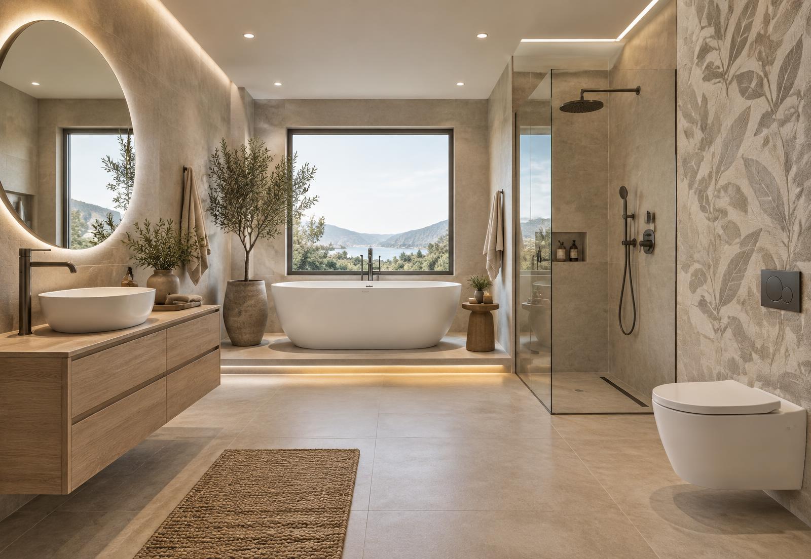 A serene stone bathroom with a freestanding bath beneath a tall window