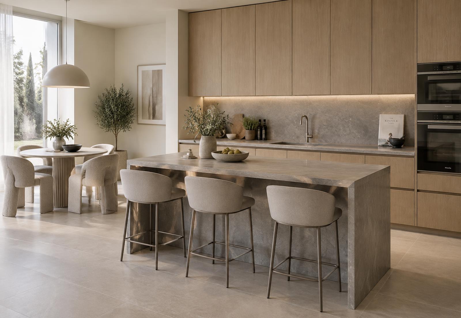A contemporary light oak and grey kitchen with seamless handleless drawers, a stone island and modern upholstered chairs at the nook